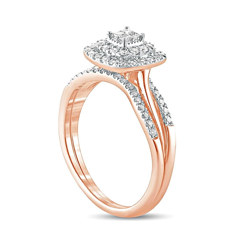 0.38 ct. Gesamtgewicht Braut-Set mit Diamanten im Princess-, Rund- und Kissenschliff, doppelter Kissenschliff-Rahmen und gedrehter Ring, in 10K Roségold