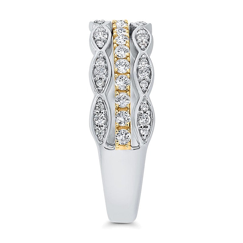 0.38 ct. Gesamtgewicht Fashion-Ring mit runden und Marquise-Diamanten, dreireihig gestapelt, in 10K Gold zweifarbig