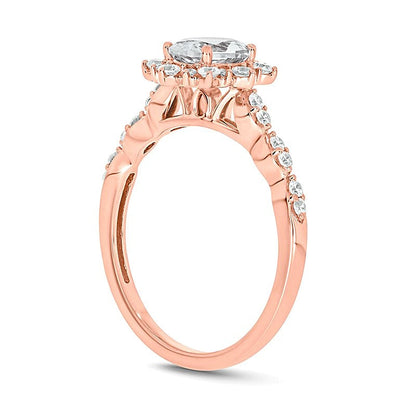 Verlobungsring mit ovalem weißem Labor-Saphir und 0,33 ct. Gesamtgewicht Diamanten, Starburst-Halo mit Scallop-Ringschiene, in 10K Roségold
