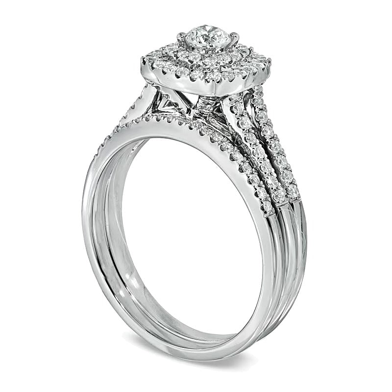0,75 ct. Gesamtgewicht Diamant Brautset mit doppeltem Rahmen verlötet in 14K Weißgold