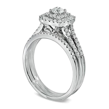 0,75 ct. Gesamtgewicht Diamant Brautset mit doppeltem Rahmen verlötet in 14K Weißgold
