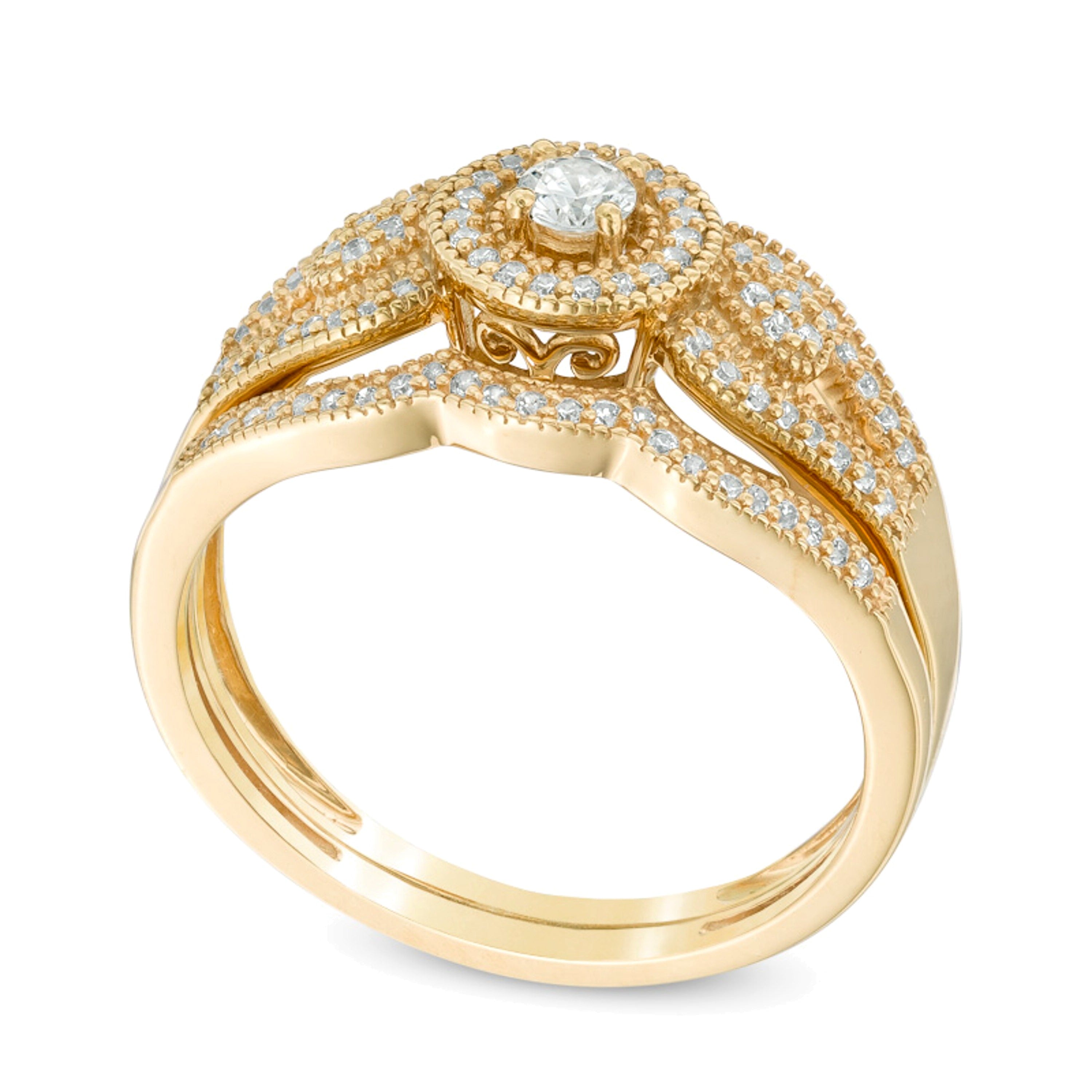 0.25 ct. Gesamtgewicht Diamant Brautset im Vintage-Stil mit Split-Shank und Diamant-Rahmen in 10K Gelbgold