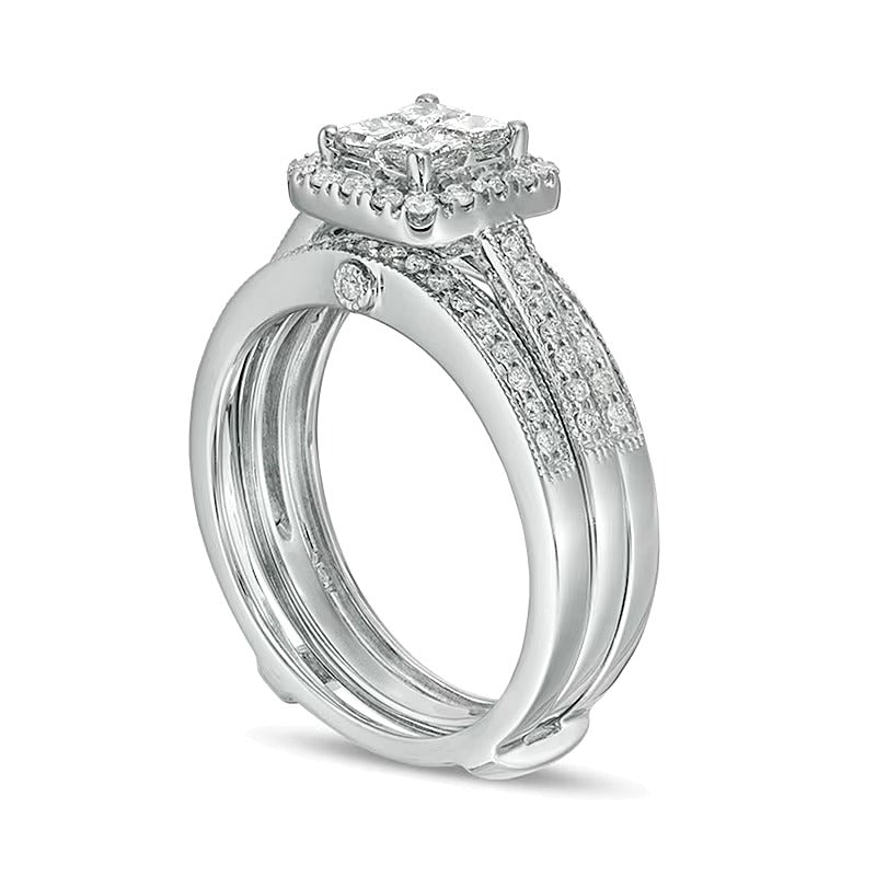 0.75 ct. Gesamtgewicht Brautset im Vintage-Stil mit Diamanten im Princess- und Rundschliff und quadratischem Rahmen in 10K Weißgold