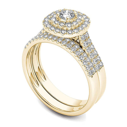 1.0 CT. Gesamtgewicht Diamant Brautset mit doppeltem Rahmen und mehrreihiger Fassung in 14K Gelbgold