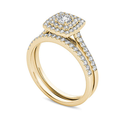 0.75 ct. Gesamtgewicht Diamant Brautset mit doppeltem Kissenschliff-Rahmen in 14K Gelbgold