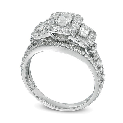 1.5 CT. Gesamtgewicht Dreistein-Ring mit Diamanten im Smaragdschliff in 14K Weißgold