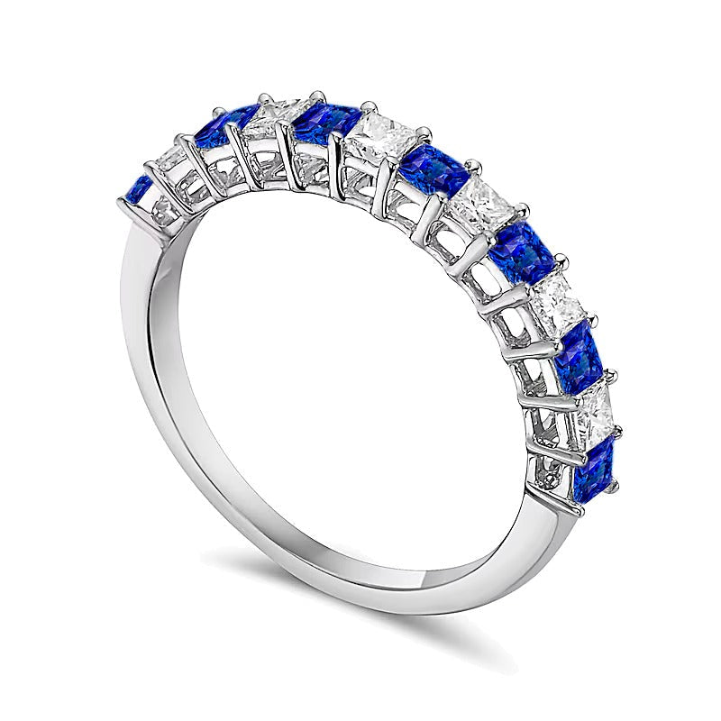 Memoire-Ring mit blauem Saphir im Princess-Schliff und Diamant im Princess-Schliff 0,38 ct. Gesamtgewicht im Wechsel in 10K Weißgold