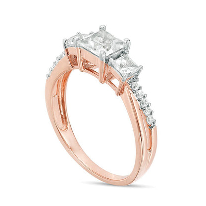 Dreistein-Verlobungsring mit weißem Labor-Saphir im Princess-Schliff in 10K Roségold