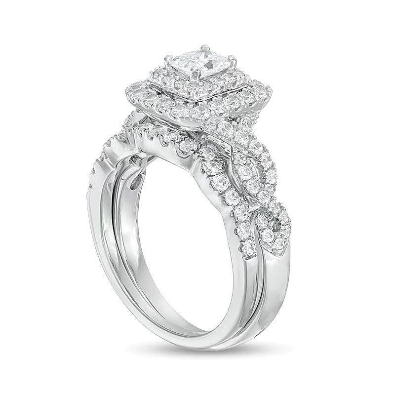 Braut-Set mit Diamanten im Radiant- und Rundschliff 1.5 CT. Gesamtgewicht in 14K Weißgold (I/I1)