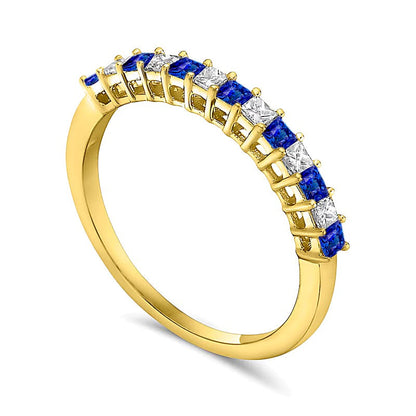 Memoire-Ring mit blauem Saphir im Princess-Schliff und Diamant im Princess-Schliff 0,2 ct. Gesamtgewicht im Wechsel in 10K Gold