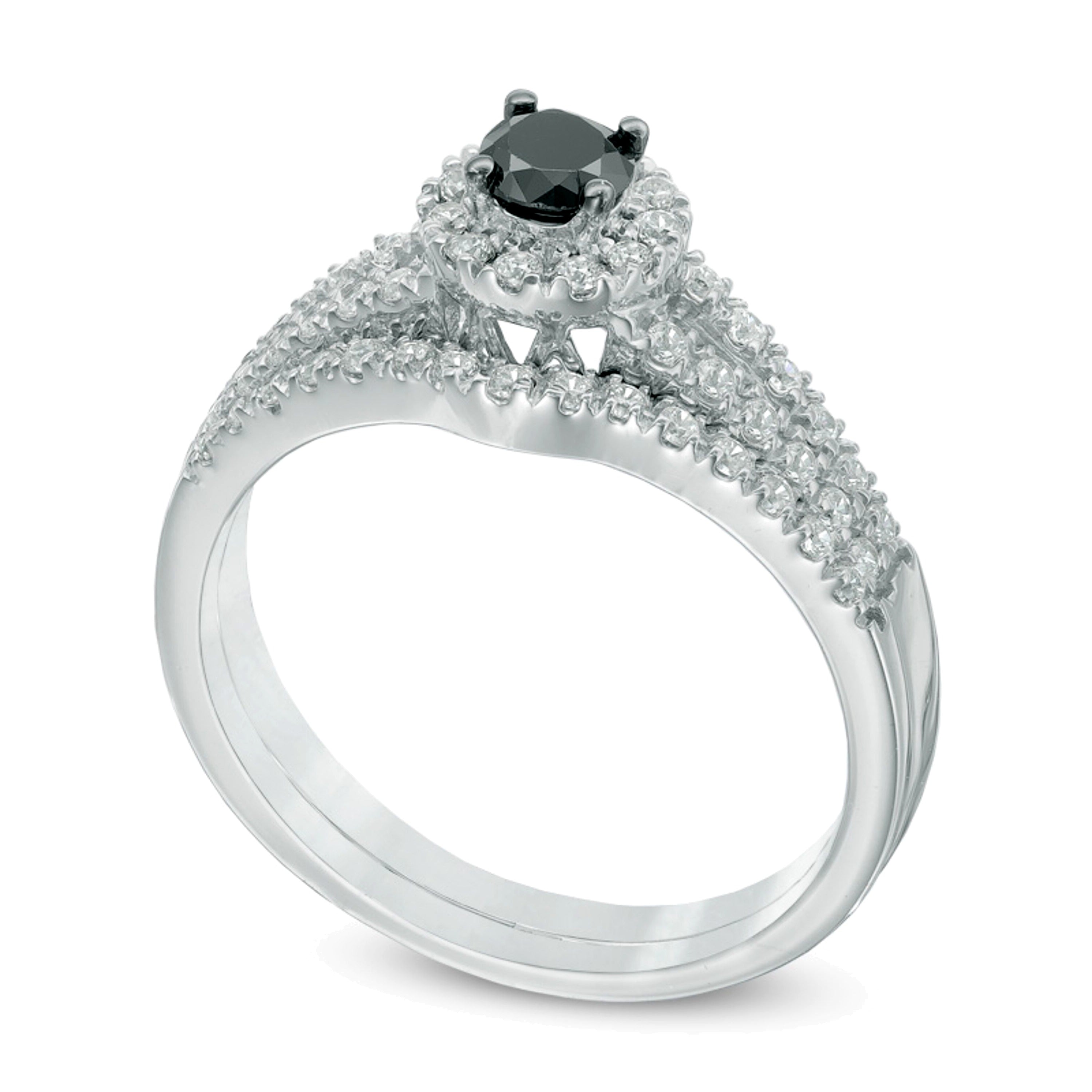 0,5 ct. Gesamtgewicht Brautset mit behandelten schwarzen und weißen Diamanten und geteiltem Schaft in 10K Weißgold