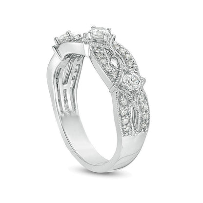 Memoire-Ring mit Diamanten im Dreistein-Design, 0.5 ct. Gesamtgewicht, im Vintage-Stil, aus 14K Weißgold