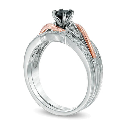 0,5 ct. Gesamtgewicht behandelter schwarzer und weißer Diamant Brautset in Sterlingsilber und 10K Roségold