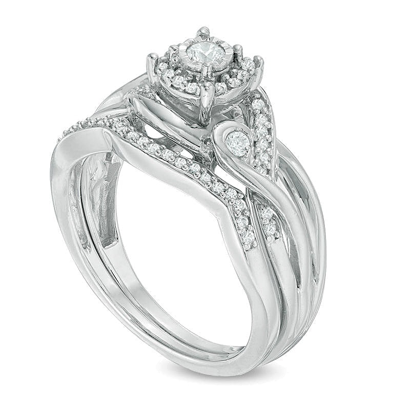 0.33 ct. Gesamtgewicht Diamant-Brautset mit Halo und geteiltem Ringschienen-Design aus rhodiniertem Sterlingsilber