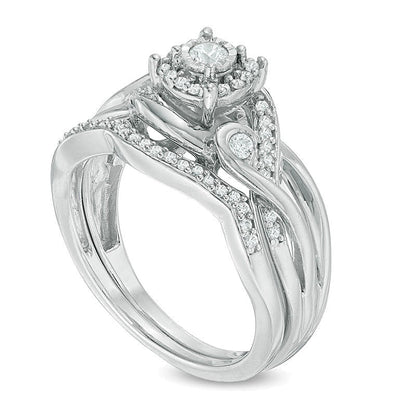 0.33 ct. Gesamtgewicht Diamant-Brautset mit Halo und geteiltem Ringschienen-Design aus rhodiniertem Sterlingsilber