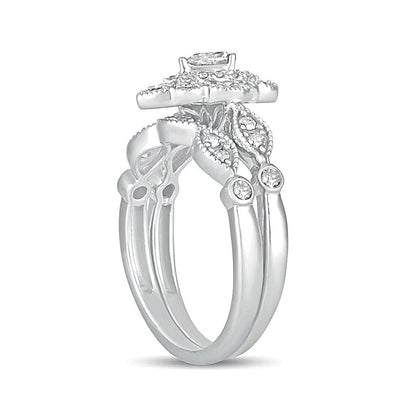 0,63 ct. Gesamtgewicht Diamant-Brautset im Vintage-Stil mit tropfenförmigen und runden Diamanten, doppeltem Blütenrahmen in 10K Weißgold