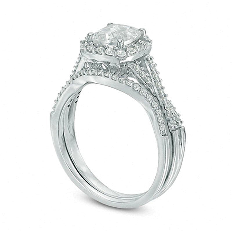 6,0mm Braut-Set mit weißem Labor-Saphir im Kissenschliff in rhodiniertem Sterlingsilber