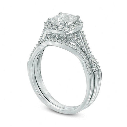 6,0mm Braut-Set mit weißem Labor-Saphir im Kissenschliff in rhodiniertem Sterlingsilber