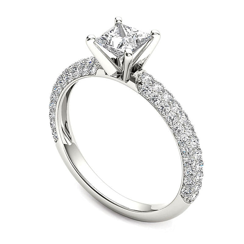 1.0 ct. Gesamtgewicht Diamant-Solitär mit seitlichem Besatz in 14K Weißgold, Princess- und Rundschliff