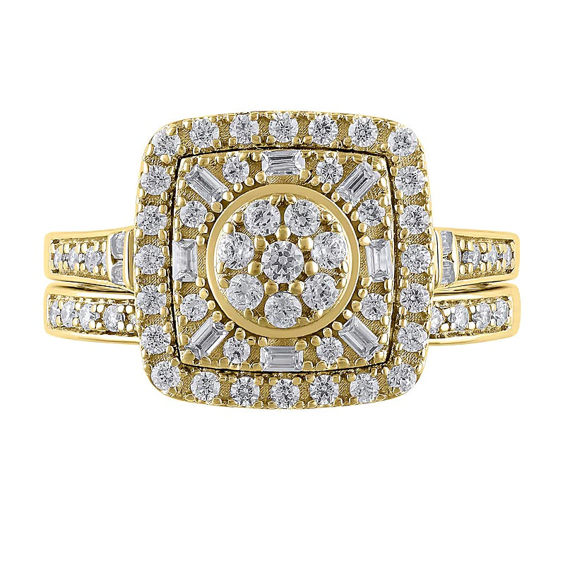 0.5 ct. Gesamtgewicht Multi-Diamant Brautset mit Kissenschliff-Rahmen in 10K Gelbgold