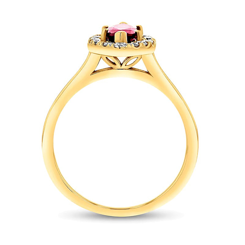 Ring mit Marquise-Rubin und 0,25 ct. Gesamtgewicht Diamanten im Halo in 14K Gelbgold