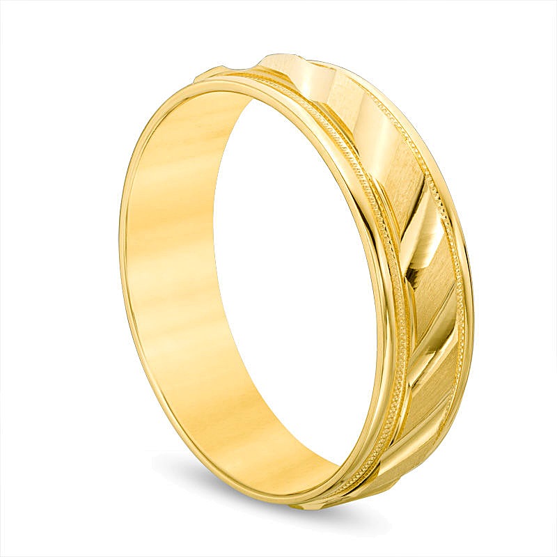 6,0mm Ehering mit gebürstetem Milgrain-Finish und Komfortschliff in 14K Gelbgold
