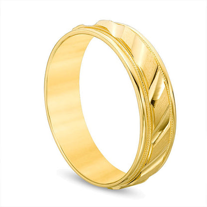 6,0mm Ehering mit gebürstetem Milgrain-Finish und Komfortschliff in 14K Gelbgold