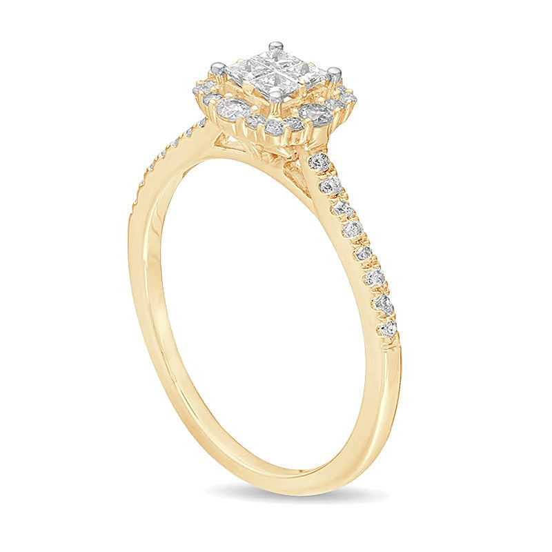 0.38 ct. Gesamtgewicht Verlobungsring mit Diamanten im Princess- und Rundschliff, Halo, in 10K Gelbgold