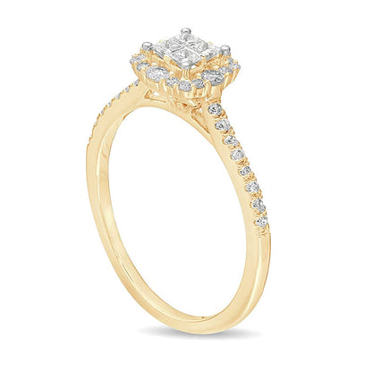 0.38 ct. Gesamtgewicht Verlobungsring mit Diamanten im Princess- und Rundschliff, Halo, in 10K Gelbgold