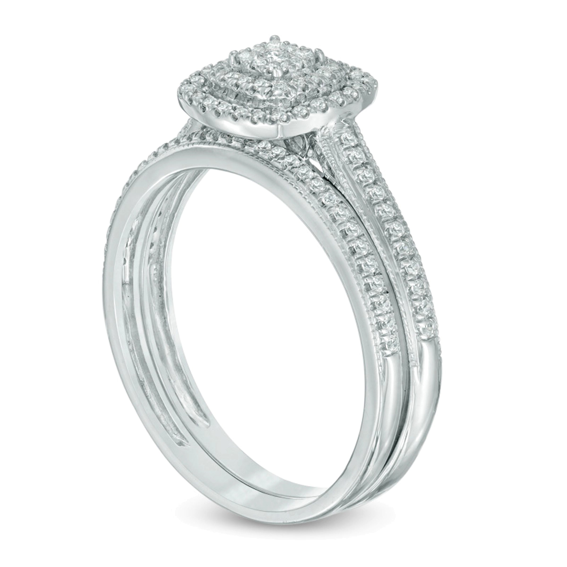 0,33 ct. Gesamtgewicht Komposit-Diamant Brautset im Vintage-Stil mit doppeltem quadratischem Rahmen in 10K Weißgold