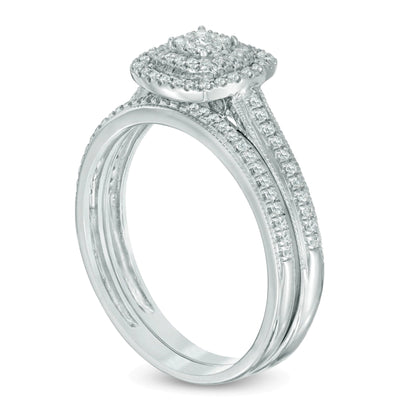 0,33 ct. Gesamtgewicht Komposit-Diamant Brautset im Vintage-Stil mit doppeltem quadratischem Rahmen in 10K Weißgold