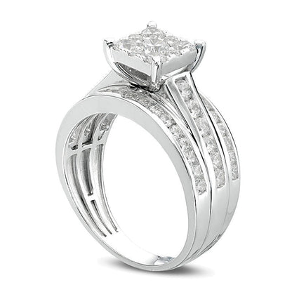 Verlobungsring mit Diamanten 1.5 ct. Gesamtgewicht im quadratischen Halo, mehrreihig, in 14K Weißgold
