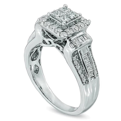 1.0 ct. Gesamtgewicht Verlobungsring mit Diamanten im Princess- und Rundschliff in 10K Weißgold