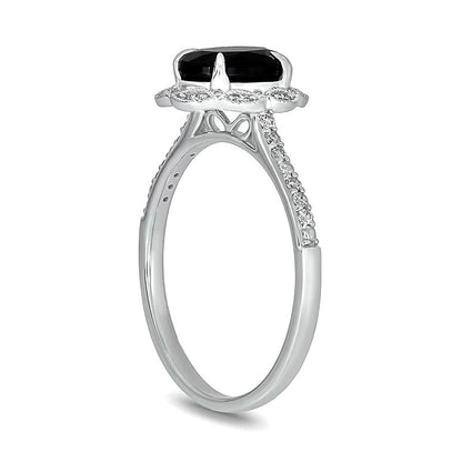 Ring mit ovalem schwarzem Saphir und 0,17 ct. Gesamtgewicht Diamanten mit gewelltem Rahmen in 10K Weißgold