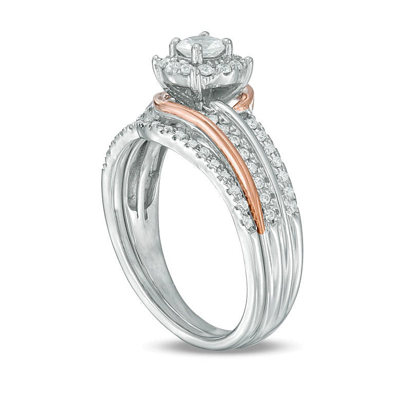 Braut-Set mit im Labor gezüchtetem weißem Saphir und 0,2 ct. Gesamtgewicht Diamanten in Sterlingsilber und 10K Roségold