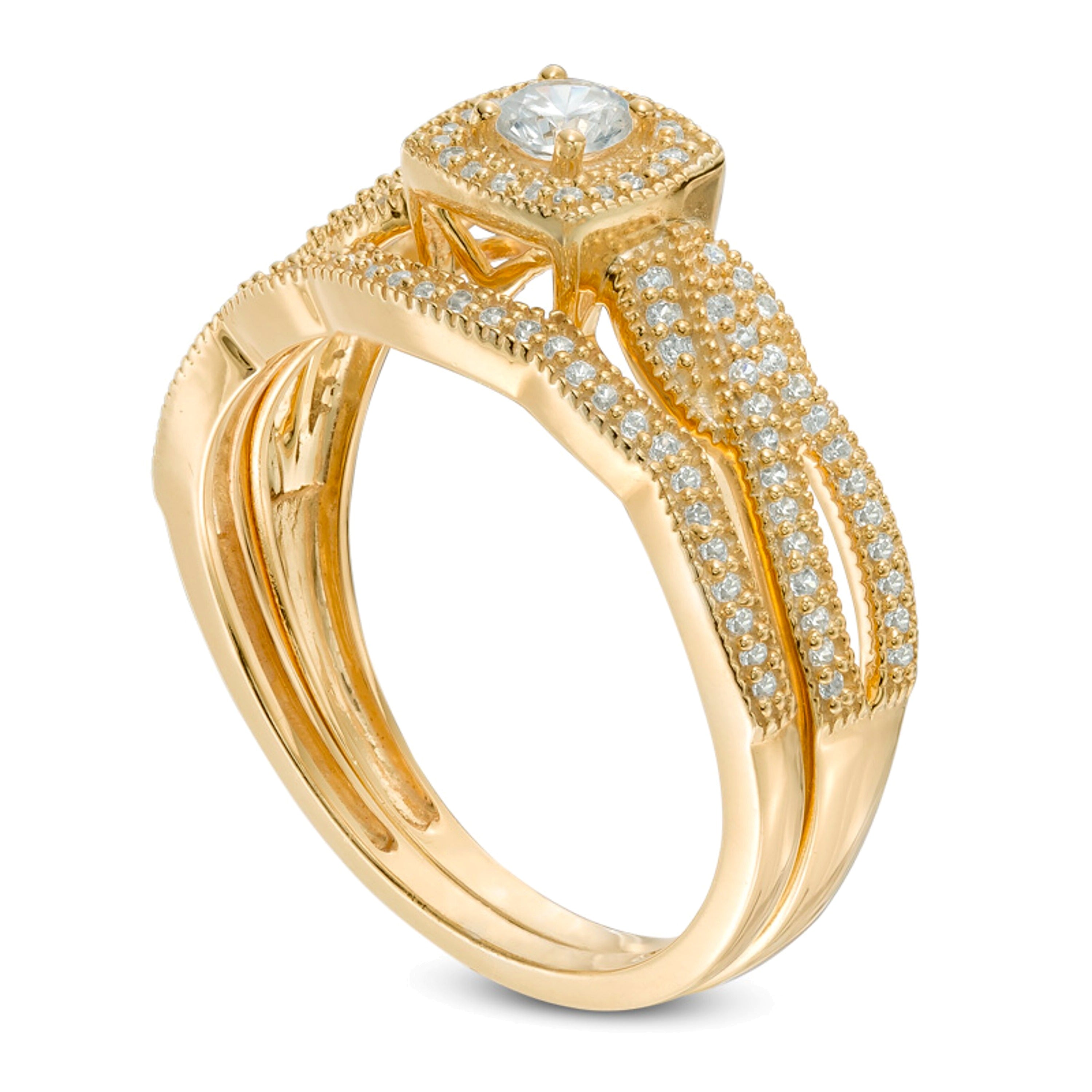 0.33 ct. Gesamtgewicht Diamant Brautset im Vintage-Stil mit Kissenschliff-Rahmen und gedrehter Schiene in 10K Gelbgold