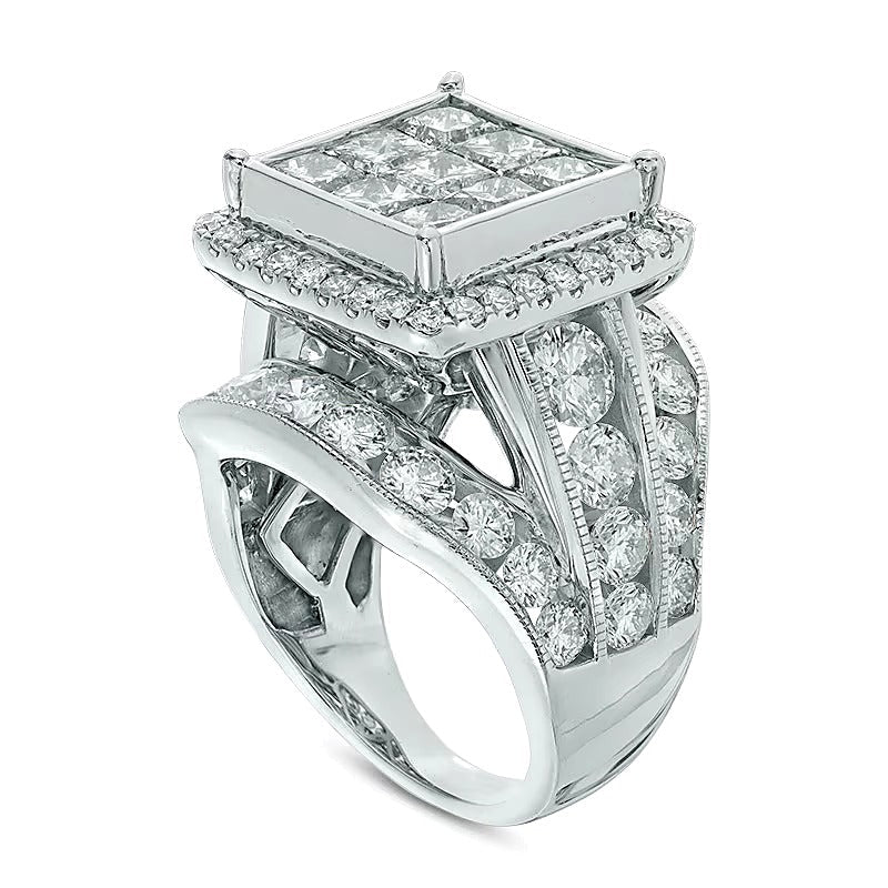 Verlobungsring 7.0 ct. Gesamtgewicht mit Diamanten im Princess- und Rundschliff, Komposit-Halo, dreireihig, in 14K Weißgold