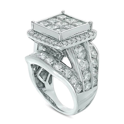 Verlobungsring 7.0 ct. Gesamtgewicht mit Diamanten im Princess- und Rundschliff, Komposit-Halo, dreireihig, in 14K Weißgold
