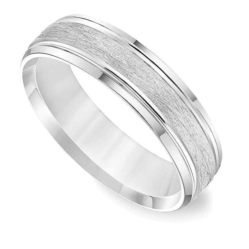 6,0 mm Ehering mit Komfortschliff, gebürstet mit gerillten Kanten in 14K Weißgold