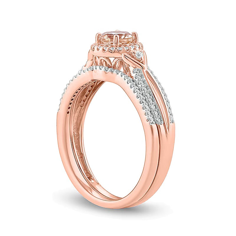 5,0 mm Morganit und 0,25 ct. Gesamtgewicht Diamant Brautset mit Rahmen und Chevron-Seiten sowie geteilter Schiene in 10K Roségold