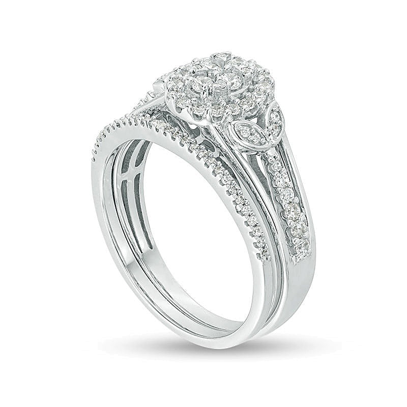 0,5 ct. Gesamtgewicht Braut-Set mit ovalen Komposit-Diamanten und Blattverzierung an den Seiten in Sterlingsilber