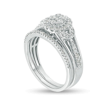 0,5 ct. Gesamtgewicht Braut-Set mit ovalen Komposit-Diamanten und Blattverzierung an den Seiten in Sterlingsilber