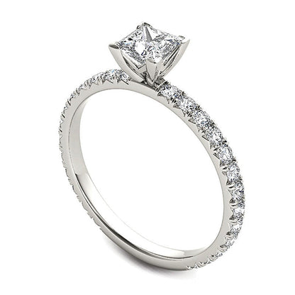 1.0 ct. Gesamtgewicht Solitär mit seitlichem Besatz mit Diamanten im Princess- und Rundschliff in 14K Weißgold
