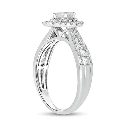 Verlobungsring 1.0 ct. Gesamtgewicht mit tropfenförmigem Diamant, Doppel-Halo und dreireihigem, sich verjüngendem Ring in 10K Weißgold