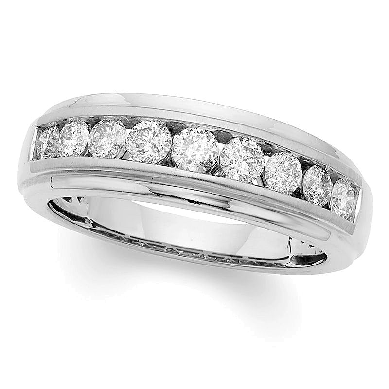 Herren-Ehering mit Diamanten 1.0 ct. Gesamtgewicht, neun Steine, rund, in 14K Weißgold (I/I2)