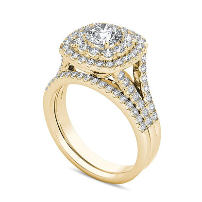 Diamant-Brautset mit doppeltem Kissenschliff-Rahmen und geteiltem Ring in 14K Gelbgold, 2.0 ct. Gesamtgewicht