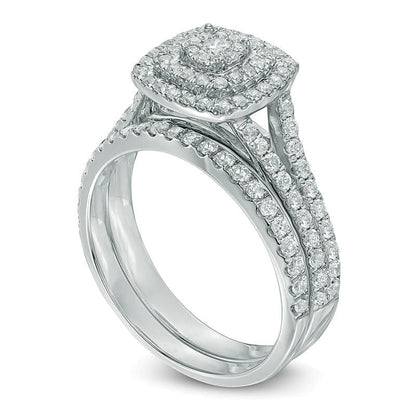 Brautset mit mehreren Diamanten und doppeltem quadratischen Rahmen 1.0 ct. Gesamtgewicht in 10K Weißgold