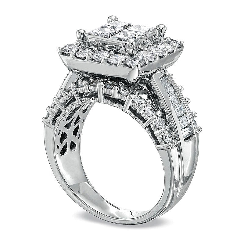 3.0 ct. Gesamtgewicht Verlobungsring mit vier Diamanten im Princess- und Baguette-Schliff in 14K Weißgold