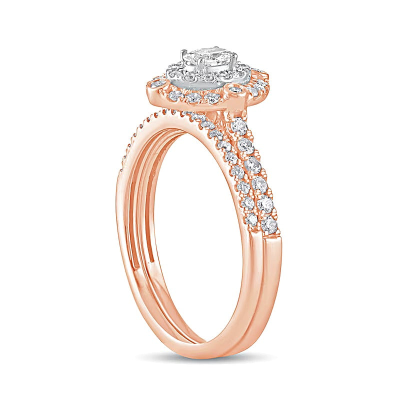 0,63 ct. Gesamtgewicht Braut-Set mit ovalem Diamant und doppeltem Rahmen in 10K Roségold