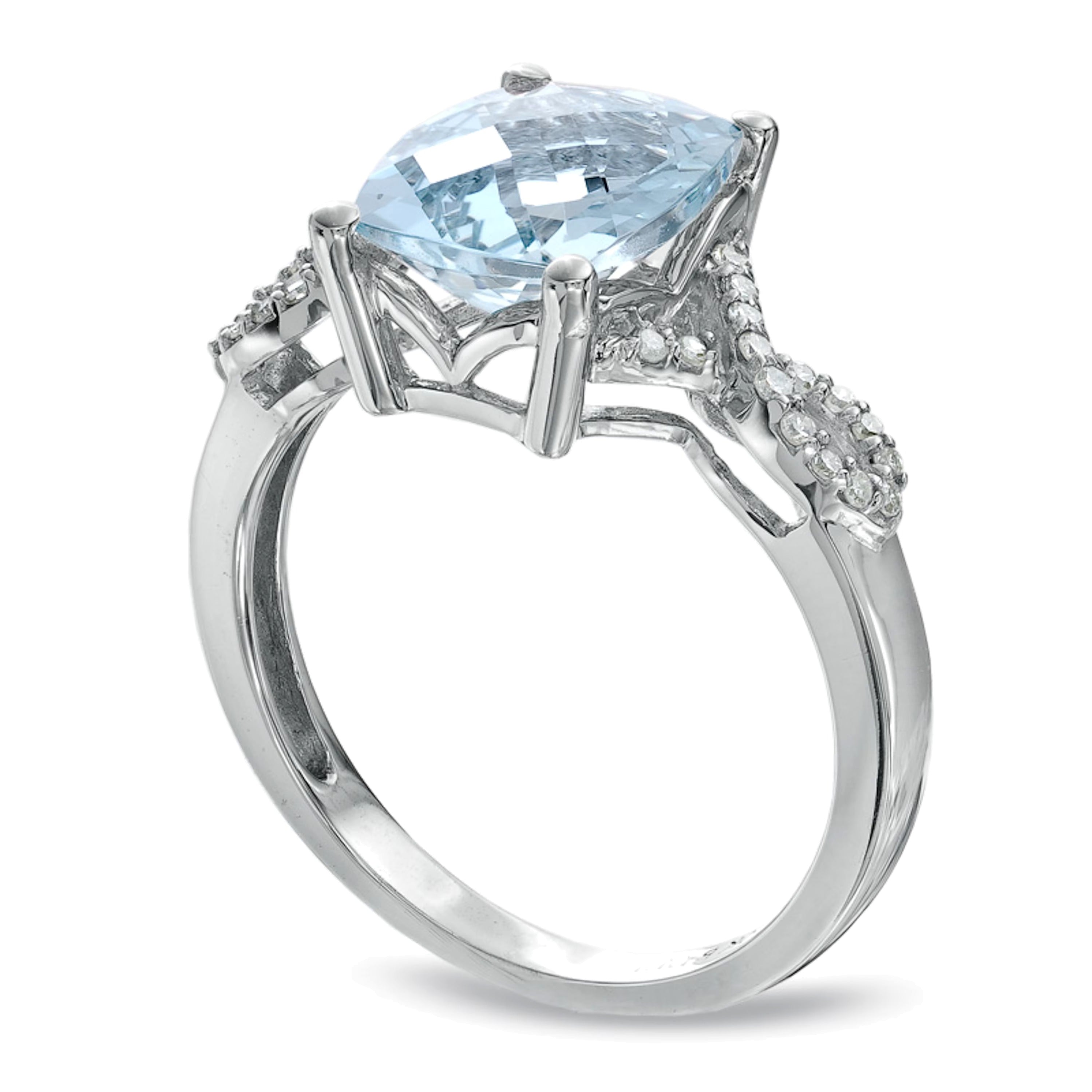 Ring mit Aquamarin im Kissenschliff und Diamantbesatz in 10K Weißgold